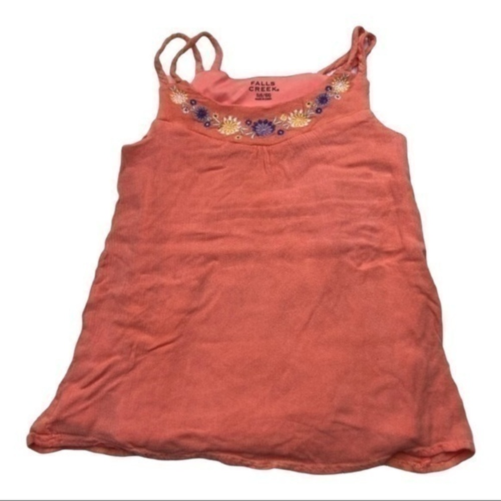 Falls Creek Tank Top Blouse Girls Sz S Peach Color Sleeveless Floral Embroidered